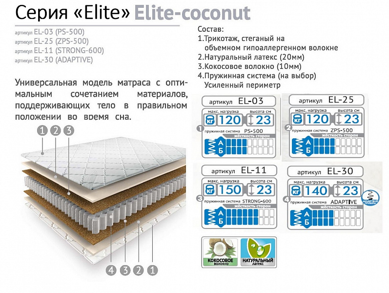 Матрас Элит-Кокос Adaptive 200х200